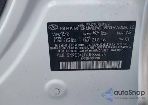 2018 Hyundai Elantra Sel z USA, uszkodzony, nr VIN 5NPD84LF6JH366096